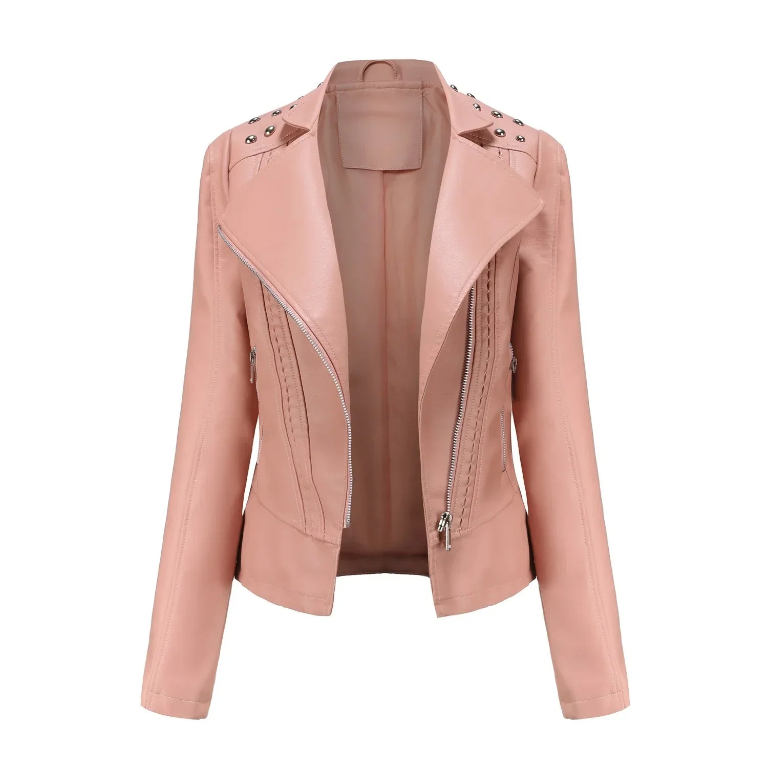 Jaqueta Feminina Slim Estilo Biker com Gola Dobrável e Detalhes Retrô - (Promoção de Inverno 2025)