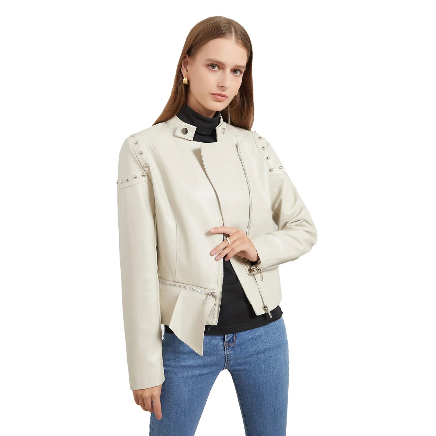 Jaqueta Feminina Estilo Motociclista com Gola Alta - (Promoção de Inverno 2025)