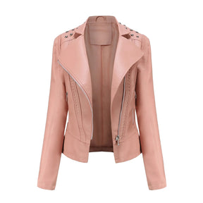 Jaqueta Feminina Slim Estilo Biker com Gola Dobrável e Detalhes Retrô - (Promoção de Inverno 2025)